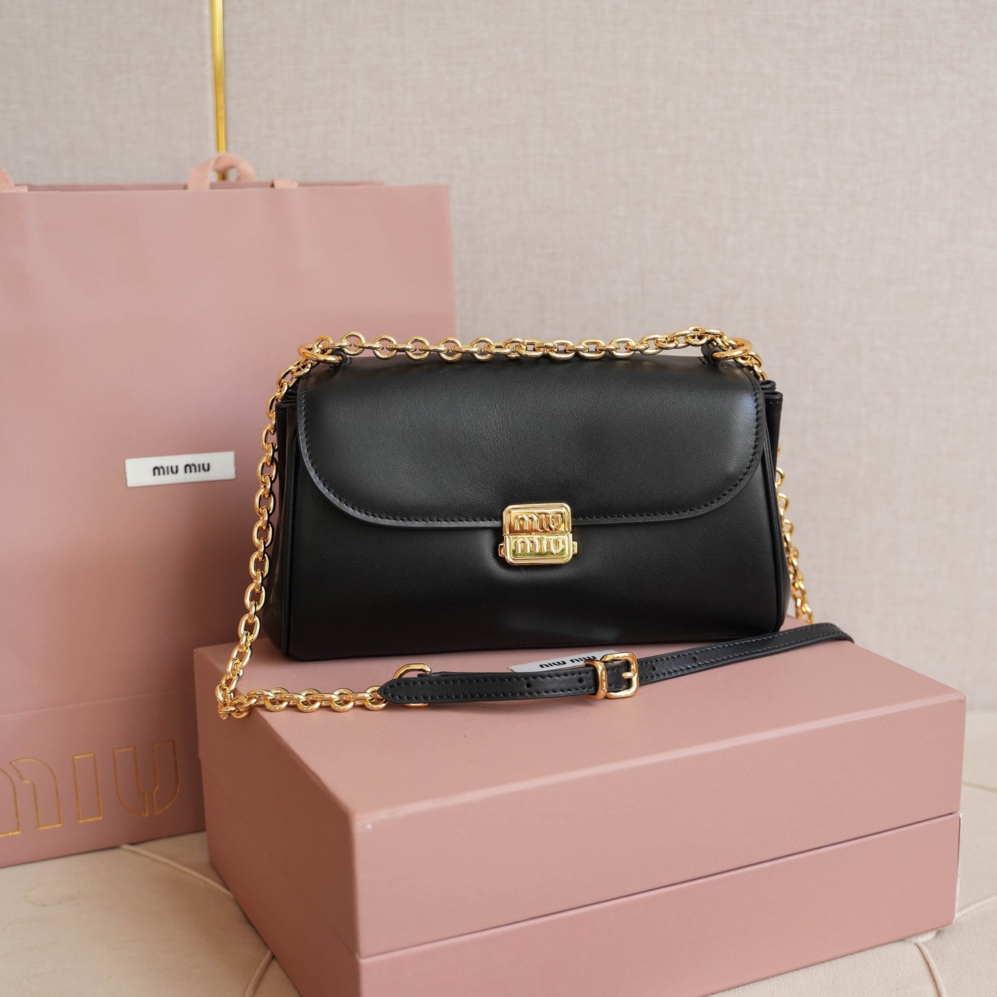 Miu Miu Brown Leather Crossbody Bag With Gold Chain Strap 5BD266