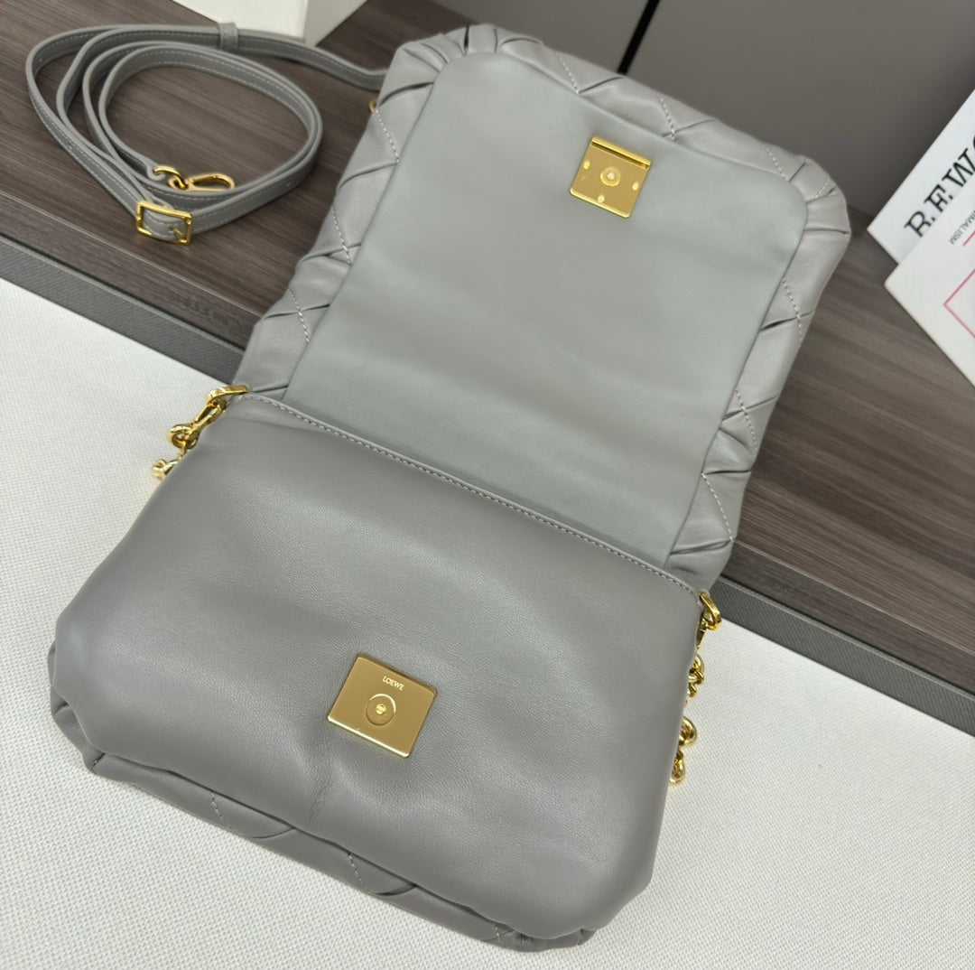 Loewe Puffer Goya Gray/Green Quilted Leather Crossbody Bag With Gold Accents 062466