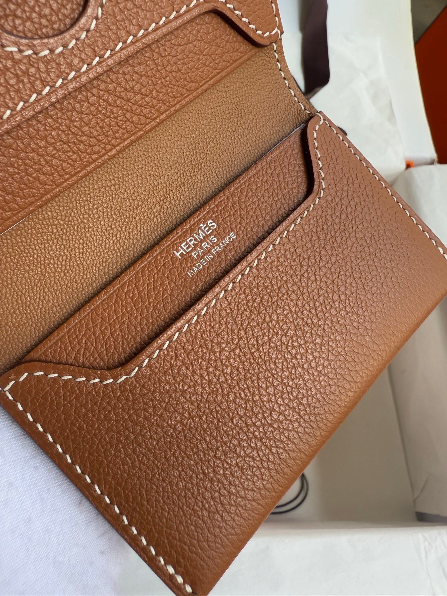 Hermes - Styled Brown Leather Wallet in Signature Orange Box with Button Closure 105-1