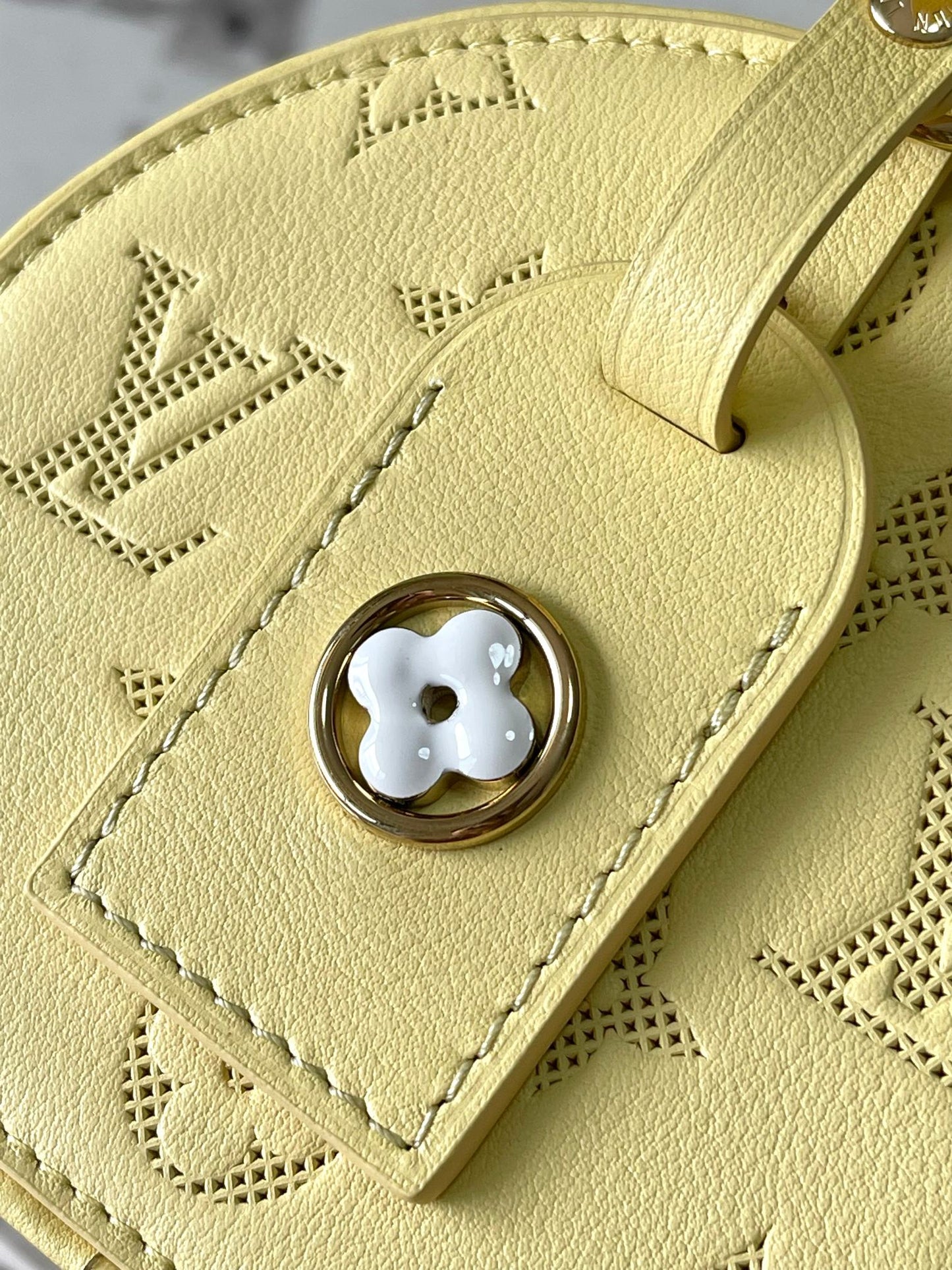 Chic Yellow LV Embossed Round Crossbody Bag With Adjustable Strap And Signature Details
