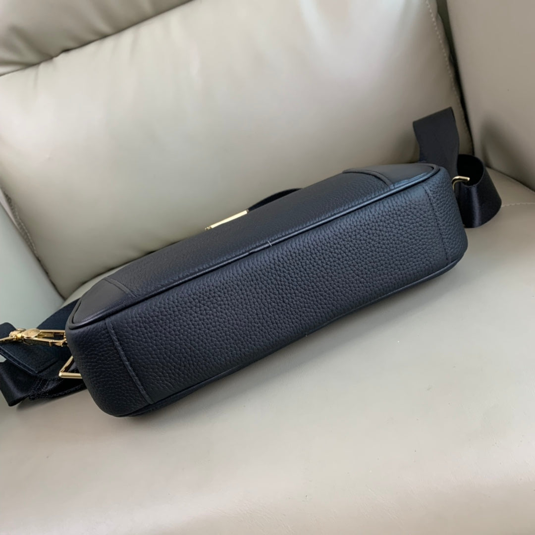 Elegant Black Louis Vuitton Crossbody Bag with Gold Logo and Adjustable Strap
