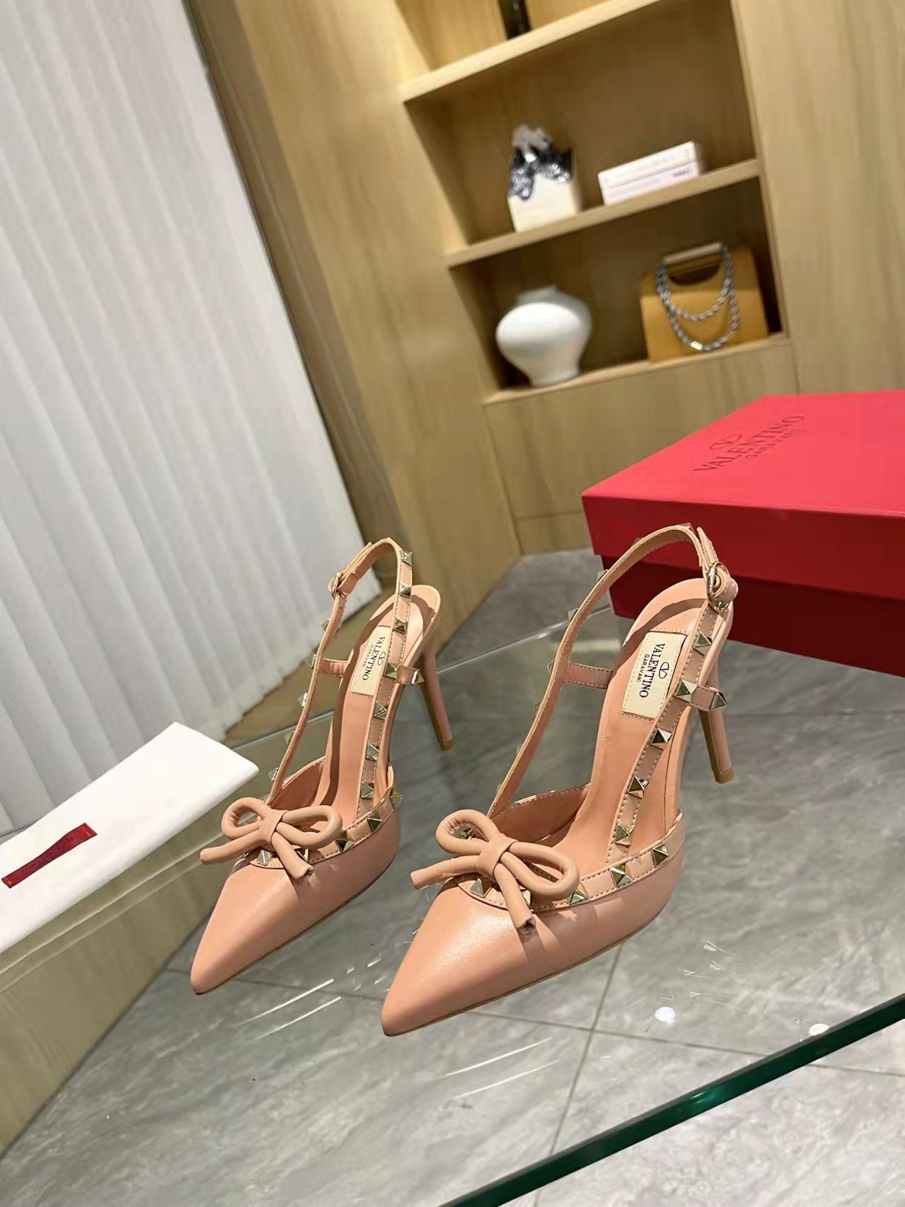 Valentino Women's Rockstud Bow Slingback Pumps Luxury Pointed Toe High Heels
