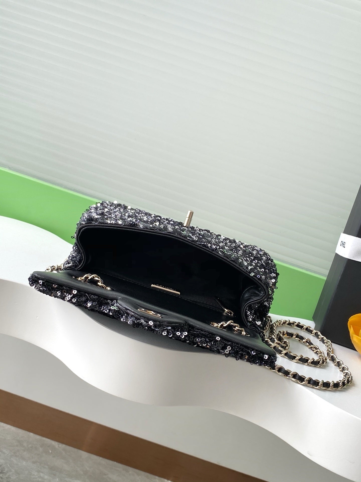 Chanel Black Sequin - Embellished Handbag With Gold CC Logo And Chain Strap AS4561