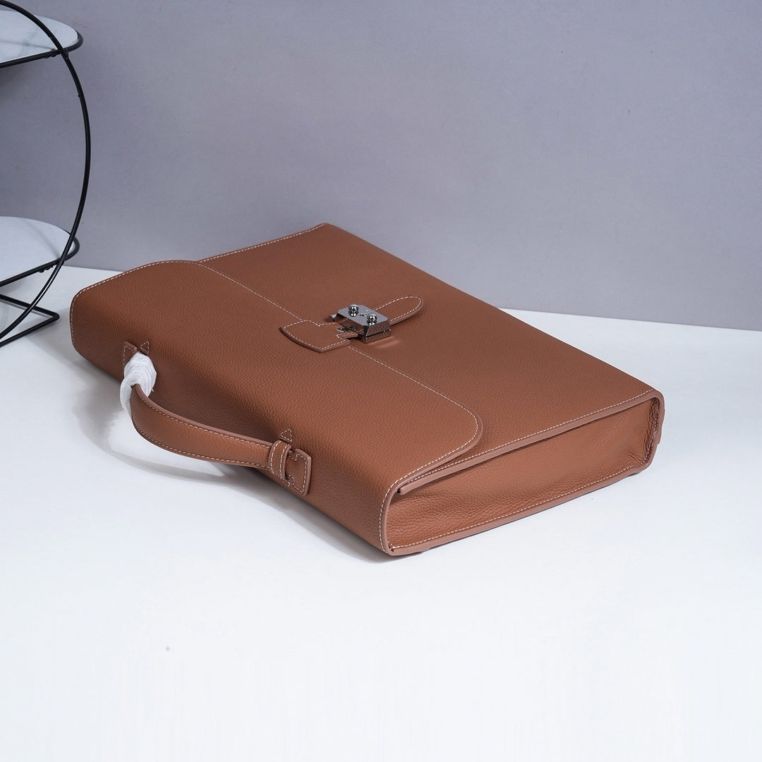 Hermès Brown Leather Briefcase With Silver Lock And Top Handle 3929
