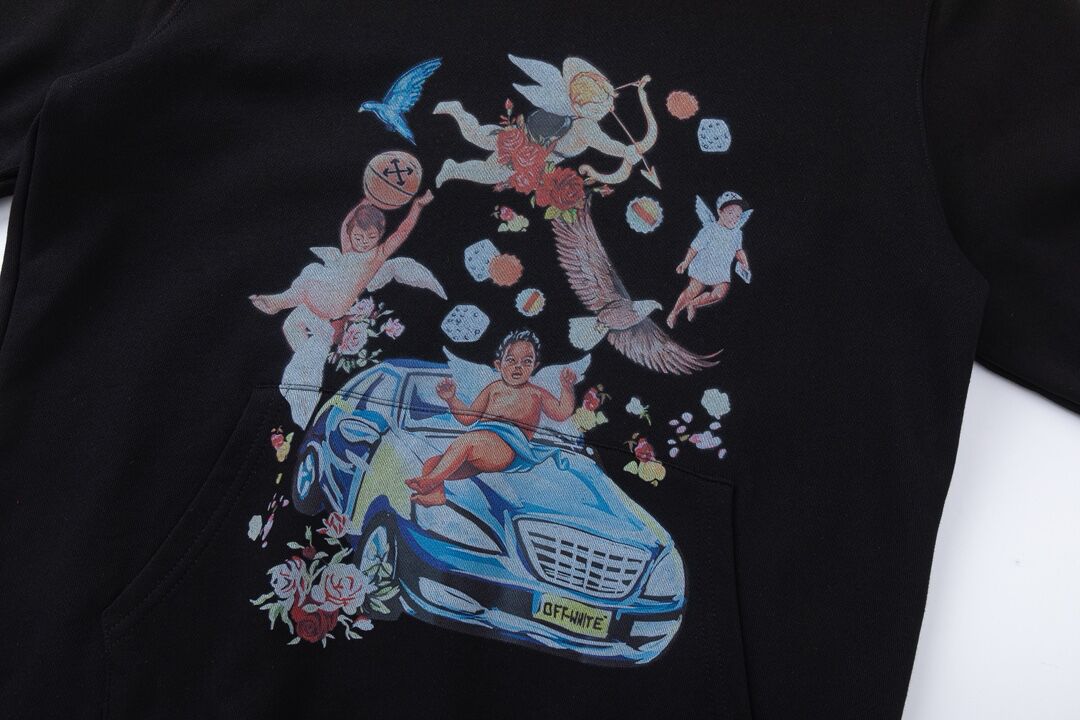 Off White Black Hoodie With Cherubs Car And Floral Art Print Design