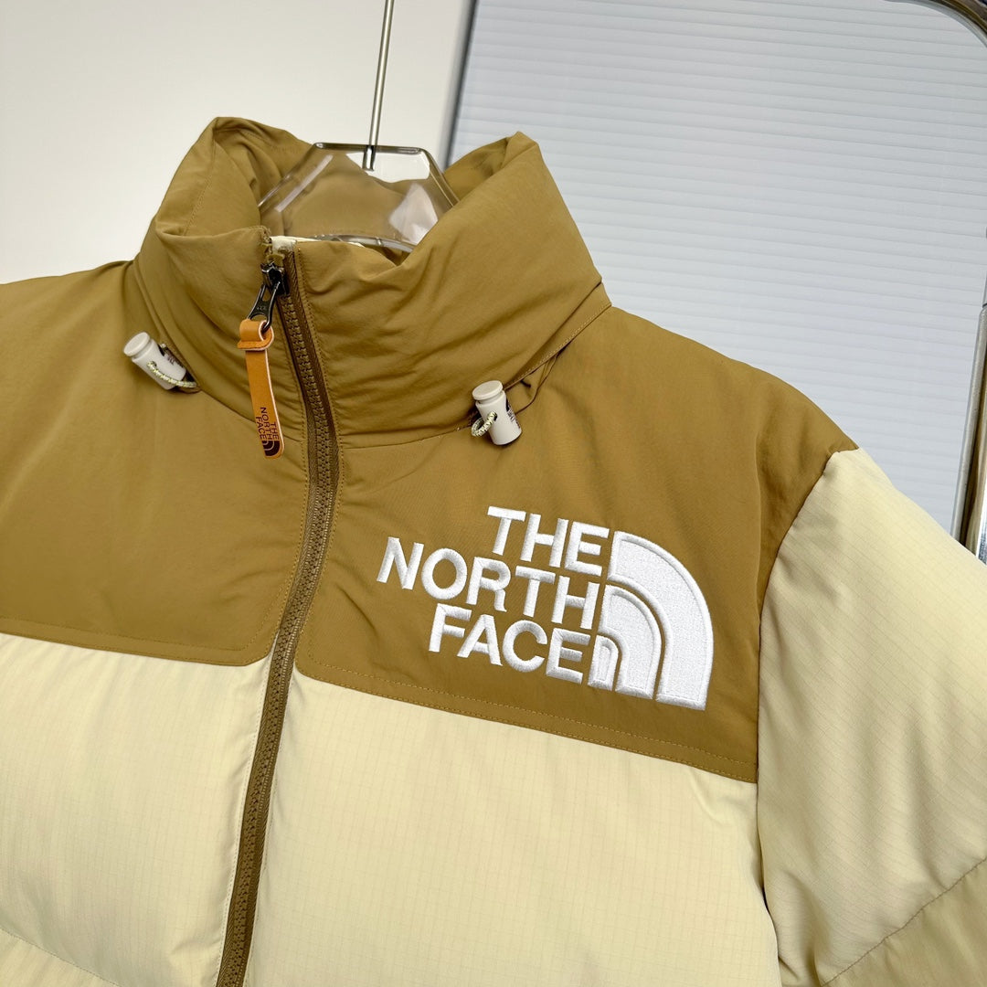 The North Face Nuptse Puffer Jacket With Beige And Brown Colorblock Design