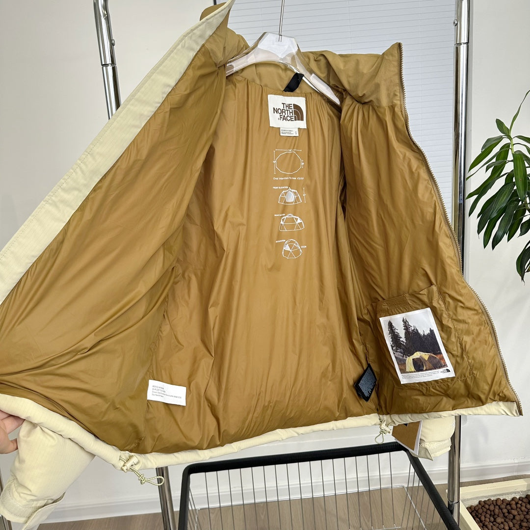 The North Face Nuptse Puffer Jacket With Beige And Brown Colorblock Design