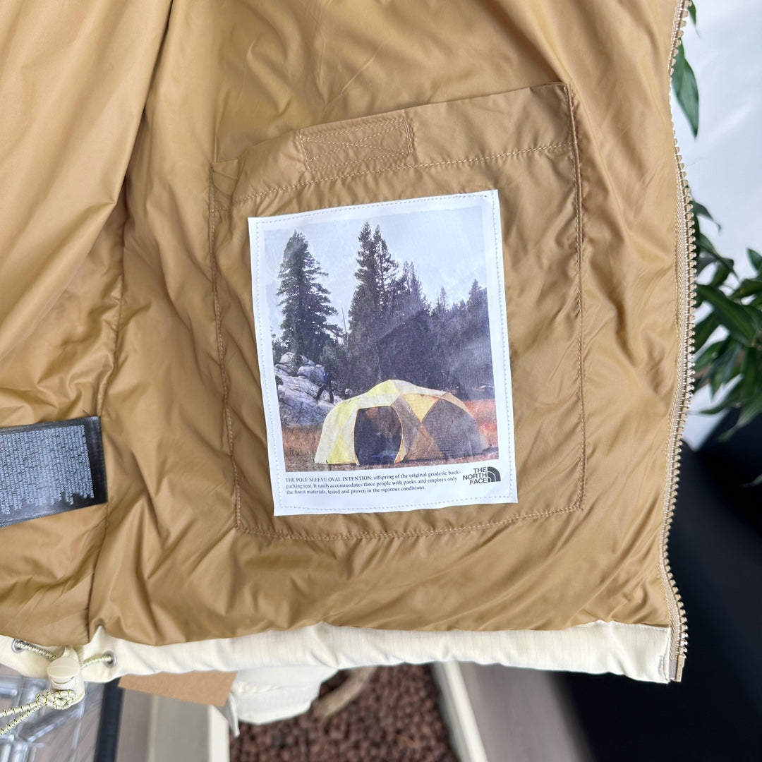 The North Face Nuptse Puffer Jacket With Beige And Brown Colorblock Design