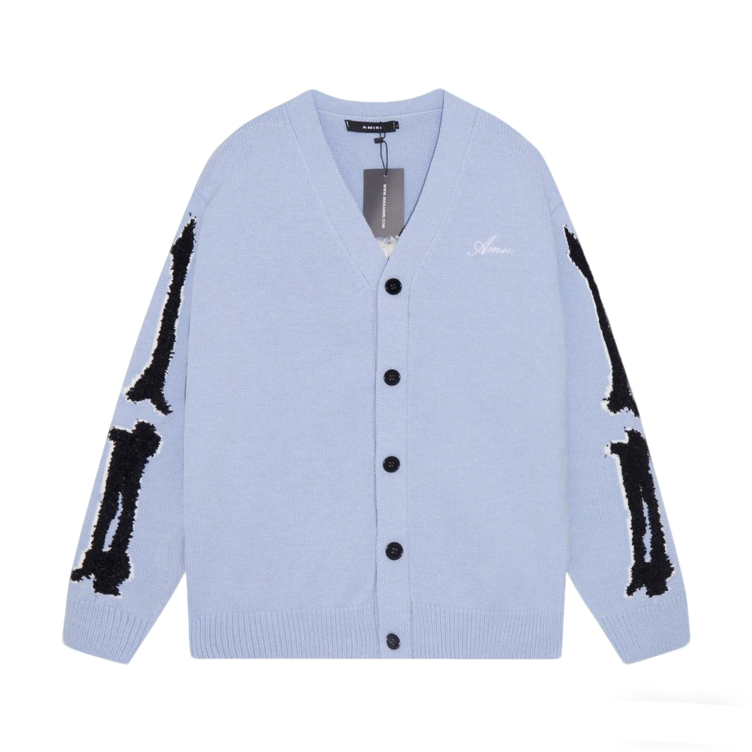 Amiri Men's Light Blue V - Neck Cardigan With Skeleton Print Details