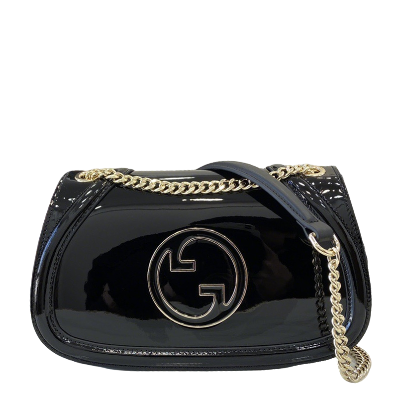 Gucci Black Patent Leather Shoulder Bag With Gold Tone Interlocking G Logo And Chain Strap 815715