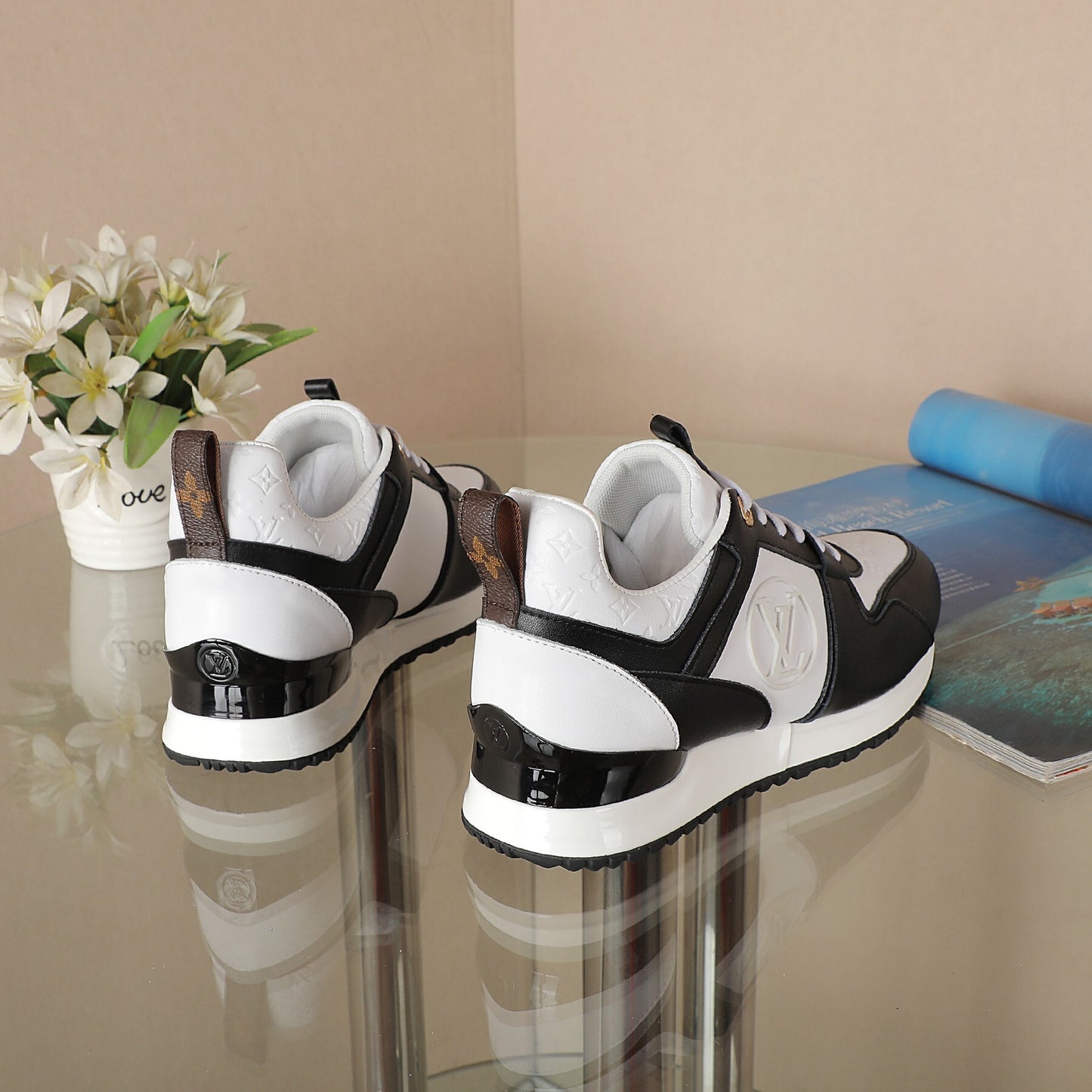 Louis Vuitton Women's Black and White Fashion Sneakers with Prominent Logo