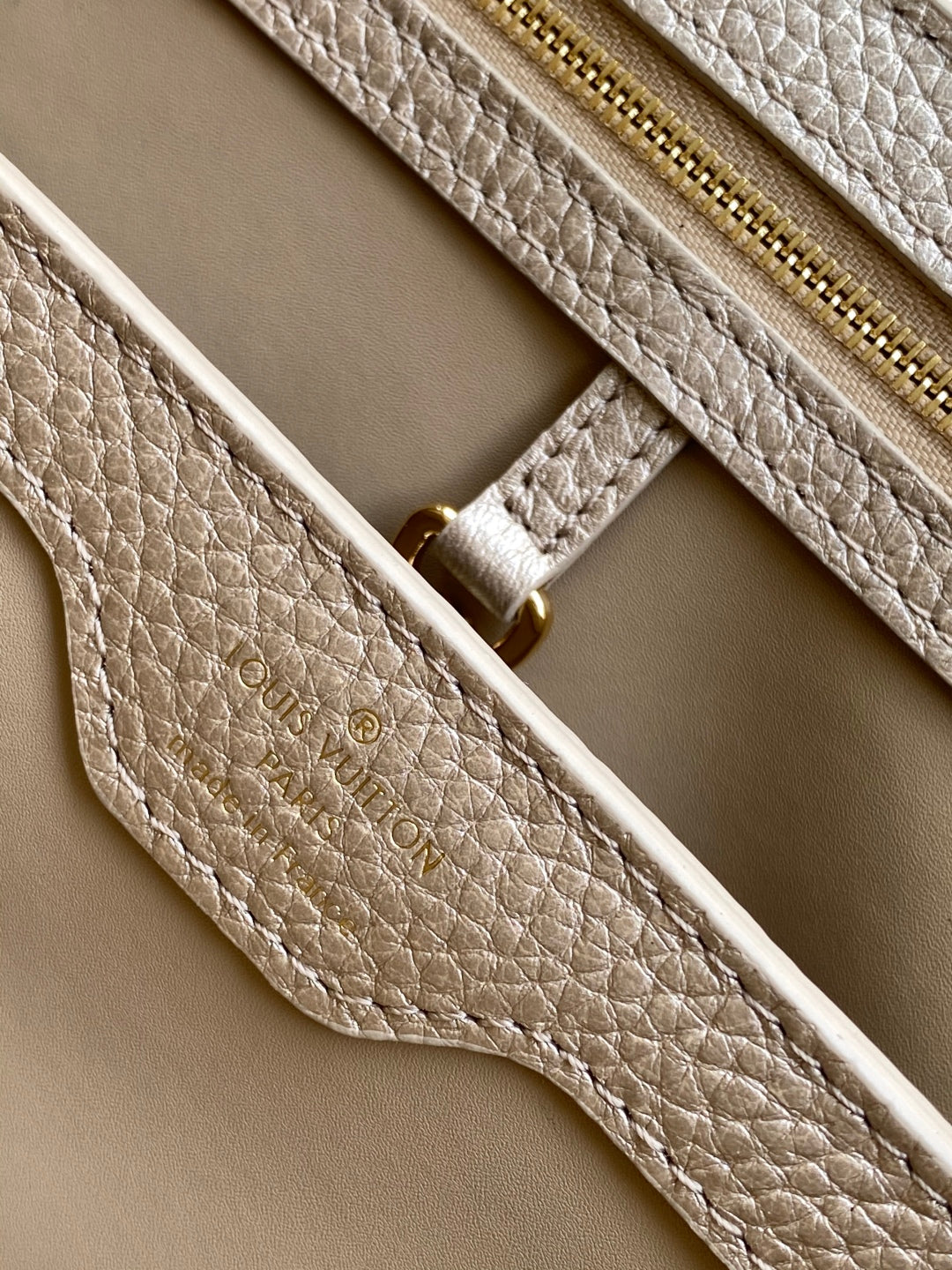 Elegant Louis Vuitton Capucines Mini Bag in Beige Grained Leather with Gold Accents