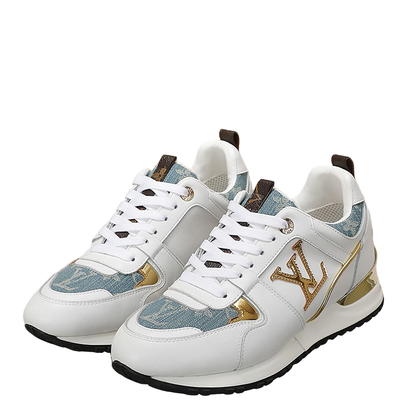 Louis Vuitton Women's White Sneakers With Blue Patterns And Gold Accents