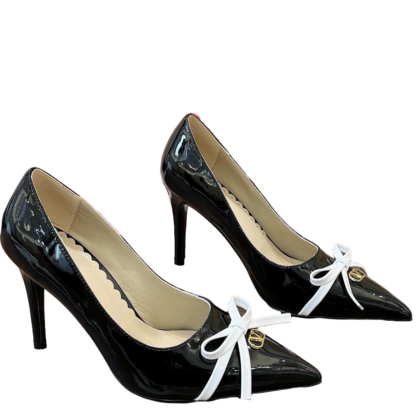Valentino Women's Pointed Toe Bow High Heels Luxury Patent Leather Pumps