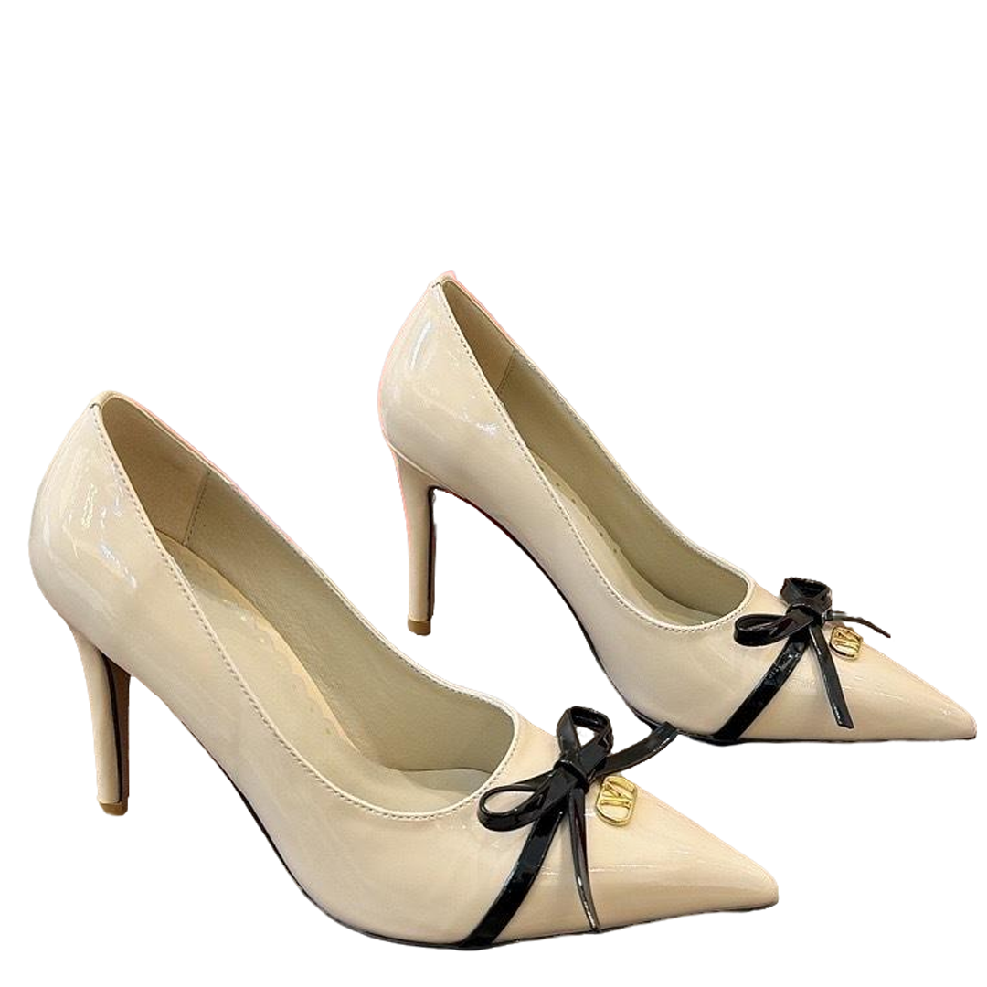 Valentino Women's Pointed Toe Bow High Heels Luxury Patent Leather Pumps