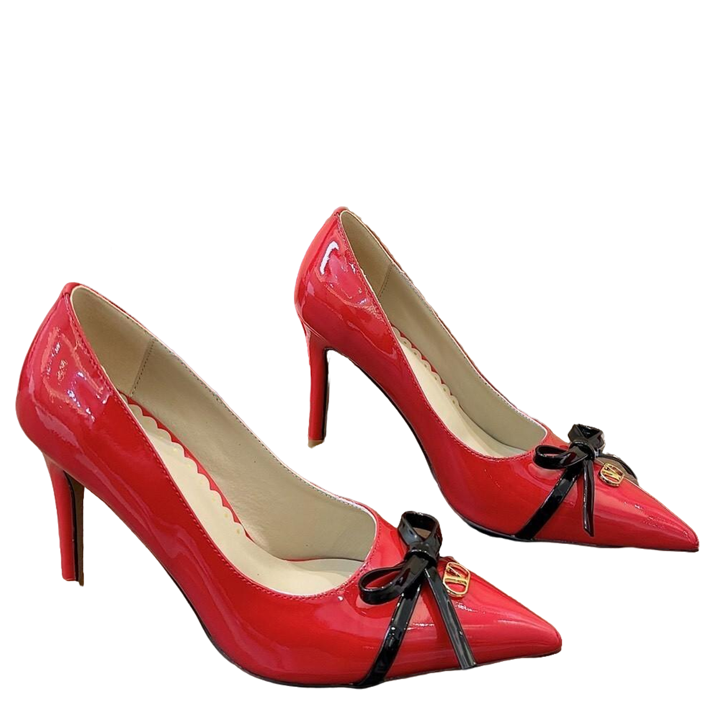Valentino Women's Pointed Toe Bow High Heels Luxury Patent Leather Pumps