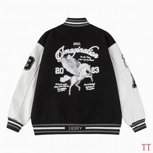 Amiri Black And White Varsity Jacket With Embroidered Graphics