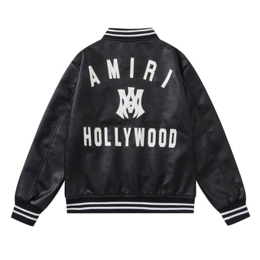 Amiri Black Faux Leather Varsity Jacket With Iconic Logo