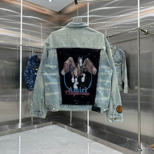 Amiri Distressed Denim Jacket With Patches And Splatter Details