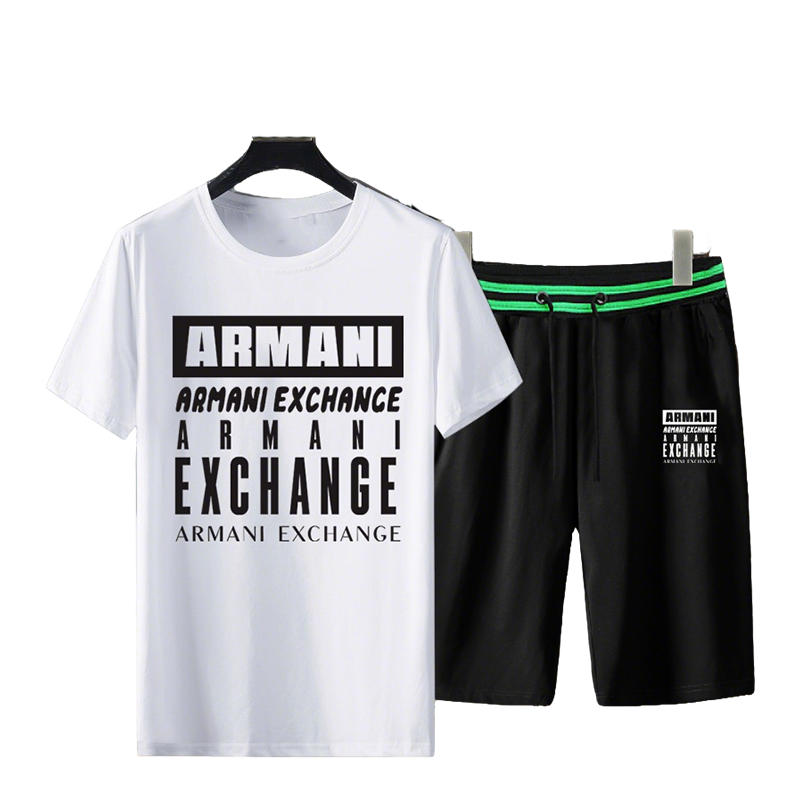Armani Exchange Men's White T - Shirt And Black Shorts Set With Branding