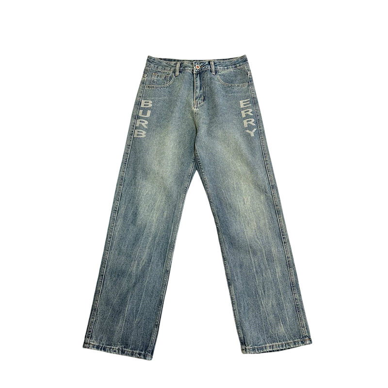 Burberry Men's Light Blue Denim Jeans With Brand Lettering