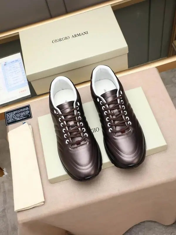 Emporio Armani Brown Leather Low - Top Sneakers With Textured Stripes