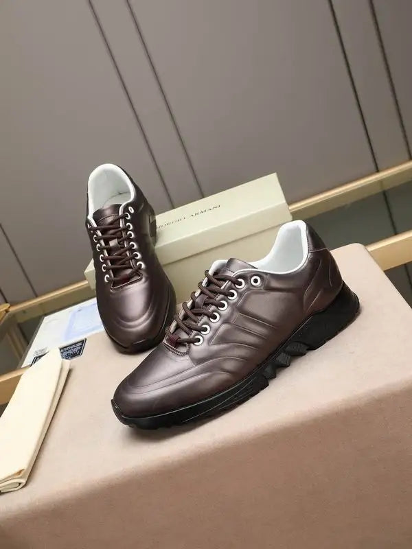 Emporio Armani Brown Leather Low - Top Sneakers With Textured Stripes