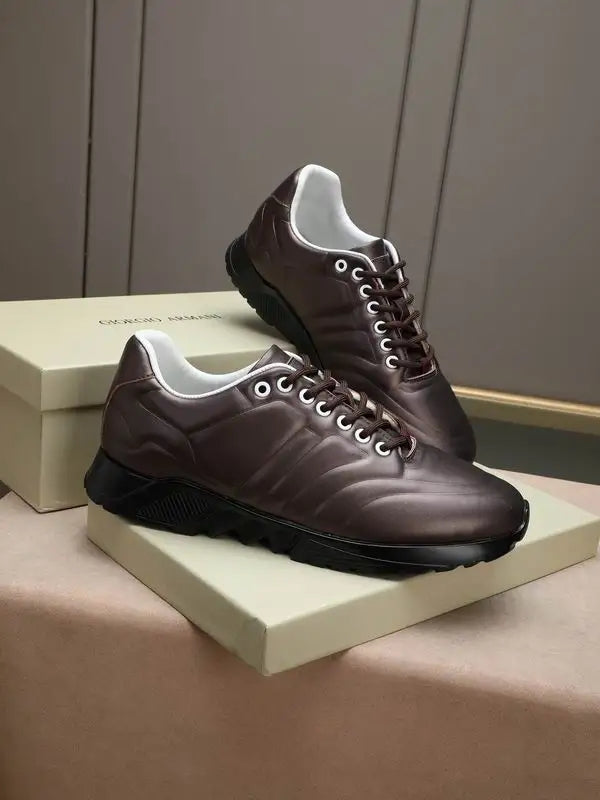 Emporio Armani Brown Leather Low - Top Sneakers With Textured Stripes