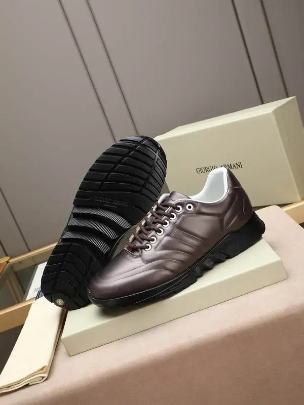 Emporio Armani Brown Leather Low - Top Sneakers With Textured Stripes