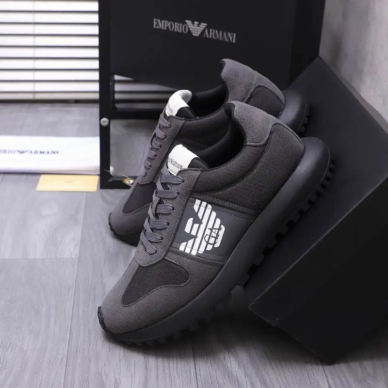 Emporio Armani Grey Mesh And Suede Athletic Sneakers With Logo