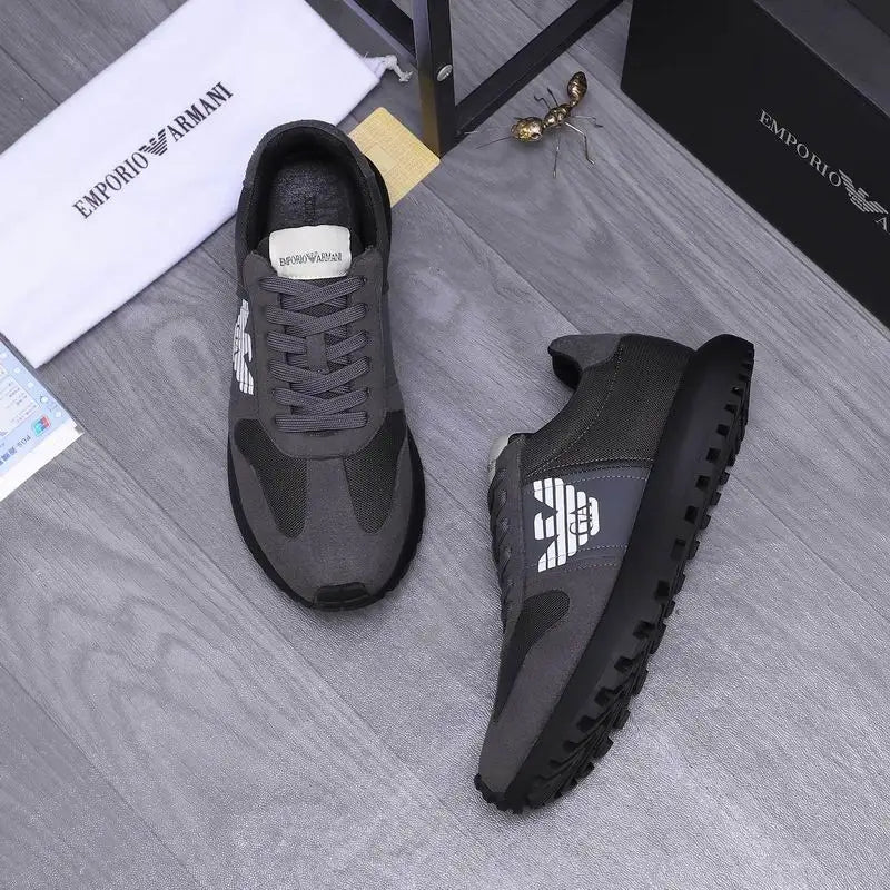 Emporio Armani Grey Mesh And Suede Athletic Sneakers With Logo