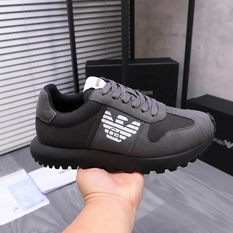 Emporio Armani Grey Mesh And Suede Athletic Sneakers With Logo