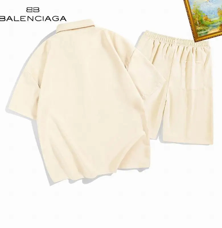 Balenciaga Beige Short Sleeve Shirt And Shorts Set With Logo