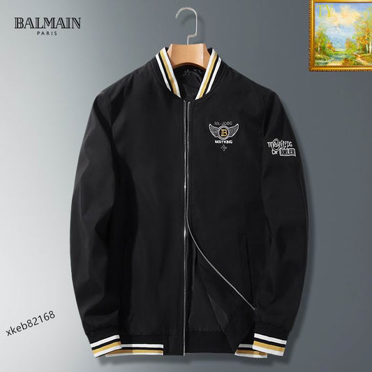 Balmain White Varsity Jacket With Embroidered Logos And Striped Trim