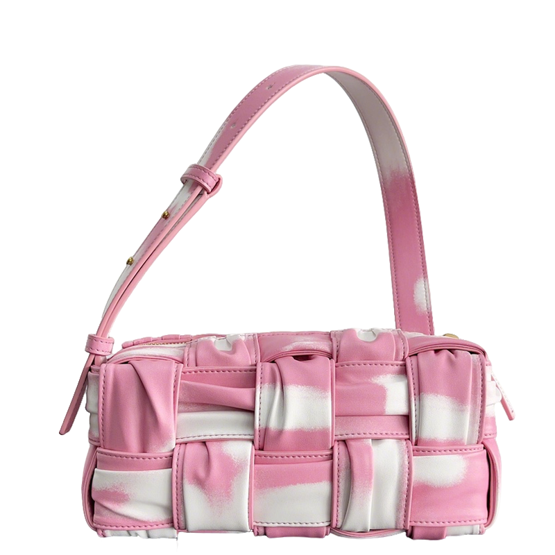 Bottega Veneta Pink And White Tie Dye Woven Leather Shoulder Bag For Trendy Fashionistas BV73622
