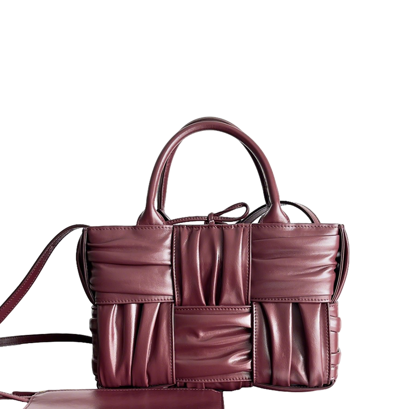 Bottega Veneta Burgundy Ruched Leather Tote Bag With Dual Handles And Adjustable Strap BV729042