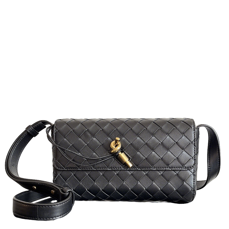 Bottega Veneta Woven Leather Crossbody Bag With Gold Lock Fashion Statement Piece Style No.755545