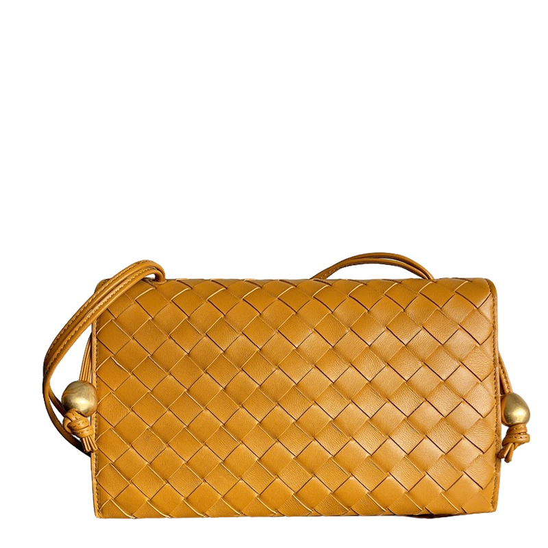 Bottega Veneta Intrecciato Woven Leather Crossbody Bag in Warm Mustard Tone with Gold Accents BV717435