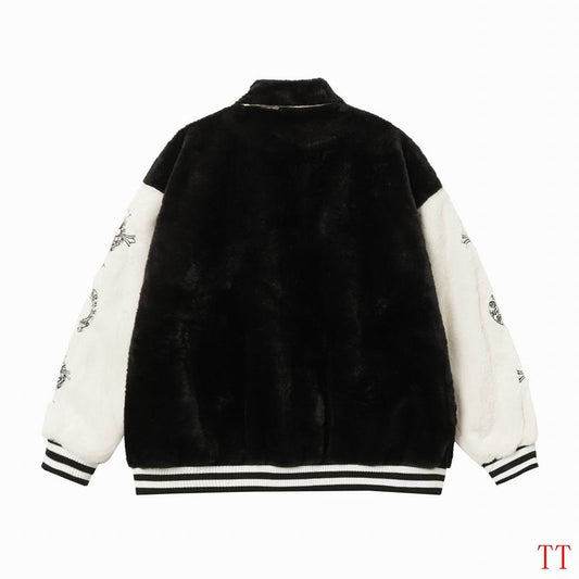 Chrome Hearts Inspired Faux Fur Varsity Jacket with Embroidered Details
