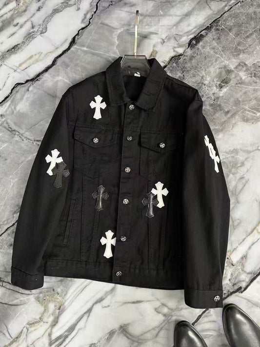 Chrome Hearts Inspired White Denim Jacket With Cross Patches