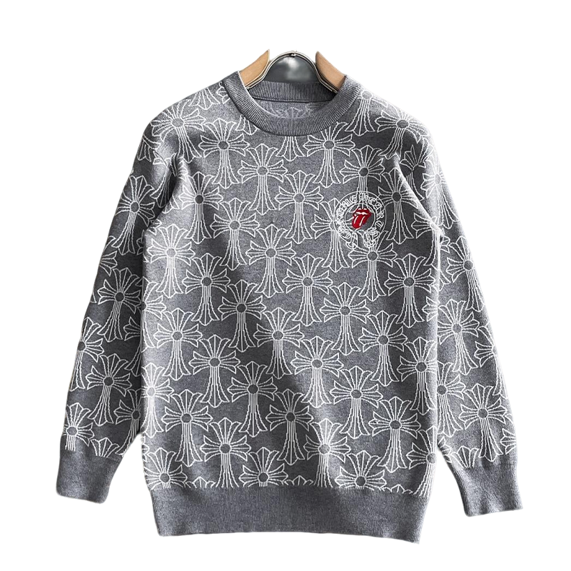 Chrome Hearts Style Grey Crew Neck Sweater With Cross Pattern And Tongue Emblem