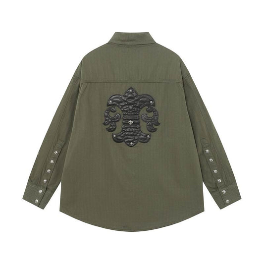 Chrome Hearts Style Olive Green Oversized Shirt Jacket with Pockets