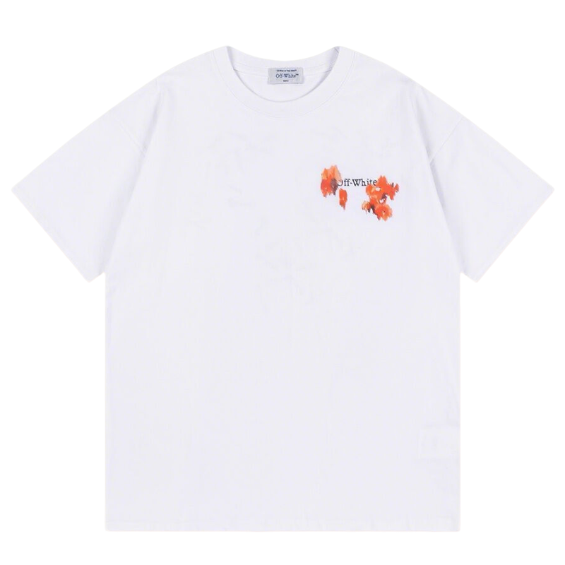 Off White White/Black T Shirt With Orange Floral Pattern And Brand Logo