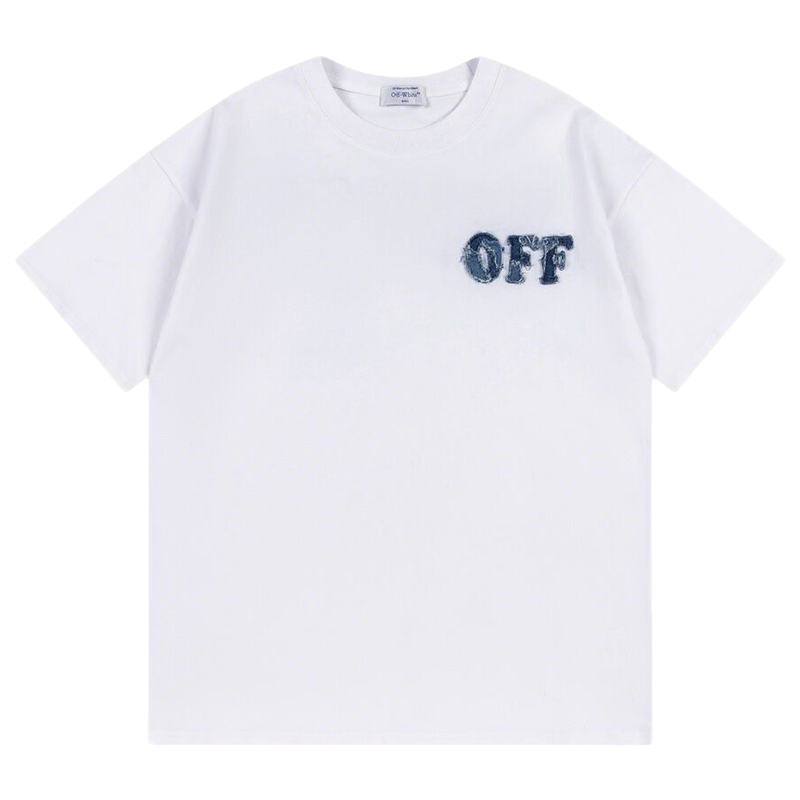 Off White White/Black T - Shirt With Distressed Blue "OFF" Logo On Chest