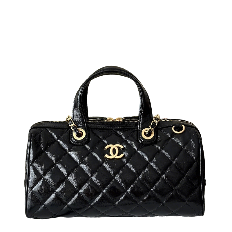 Chanel Maxi Black Patent Leather Quilted Bowling Bag With Gold Hardware And CC Logo 3355