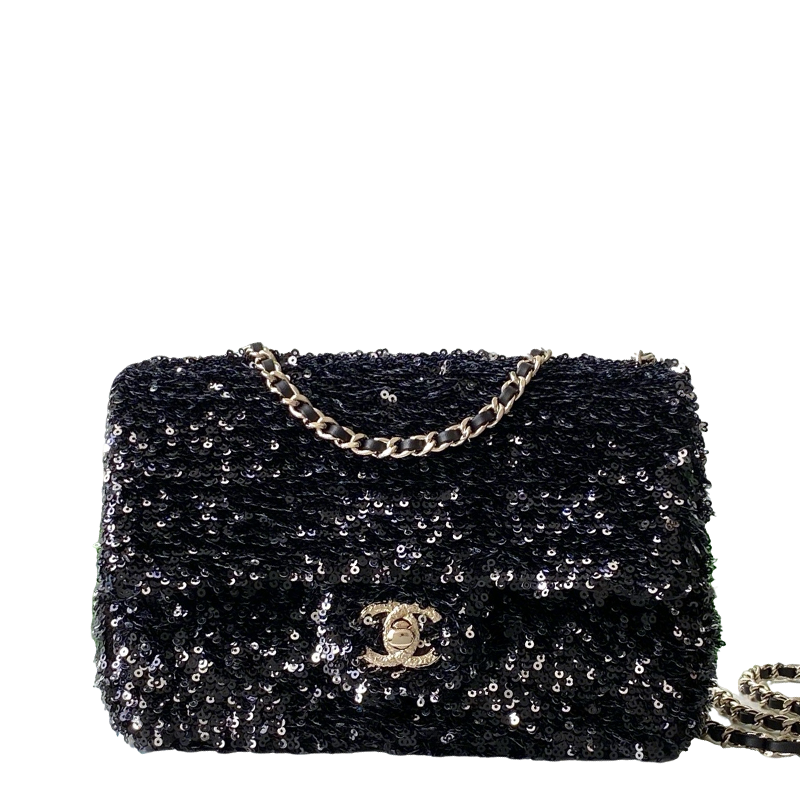 Chanel Black Sequin - Embellished Handbag With Gold CC Logo And Chain Strap AS4561