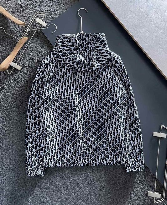 Dior Black Hooded Jacket With All - Over Monogram Pattern And Gold Accent