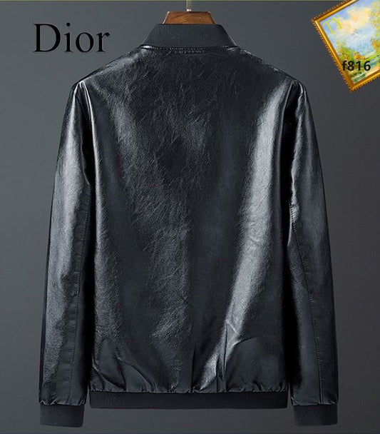 Dior Black Leather Bomber Jacket With Colorful Embroidered Logo