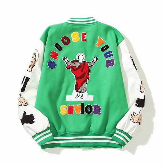 FOG Stylish Green/Black Varsity Jacket With Unique Patches And Embroidery