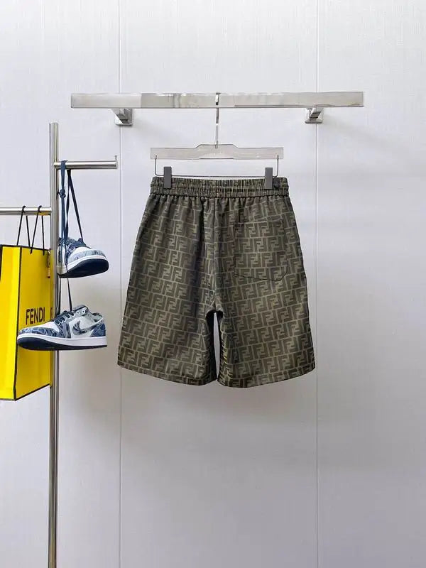 Fendi Men Olive Green FF Logo Print Elastic Waist Casual Shorts